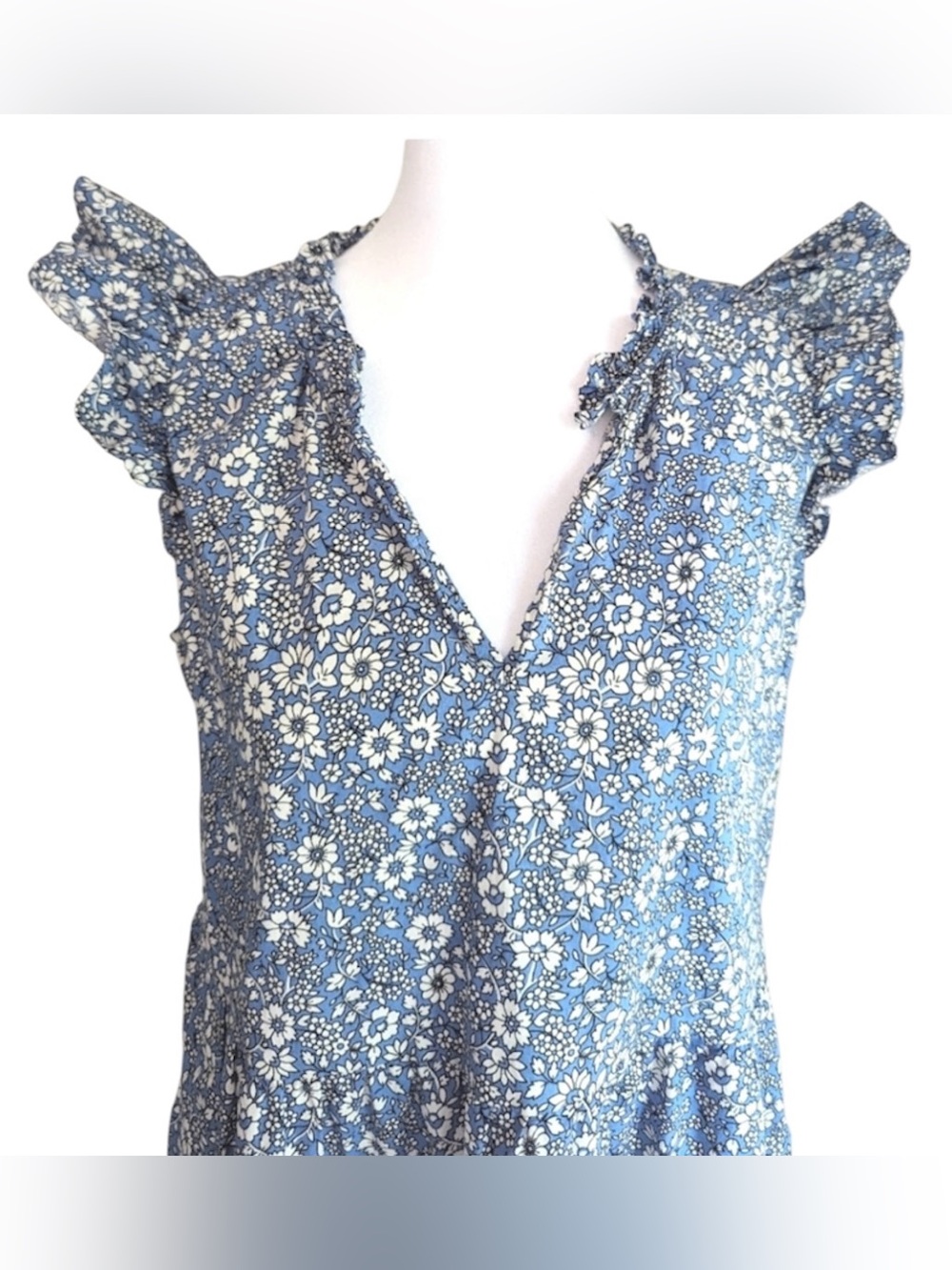 J. Crew blue and white floral v-neck ruffle sleeve cotton maxi dress, XL - Picture 3 of 11